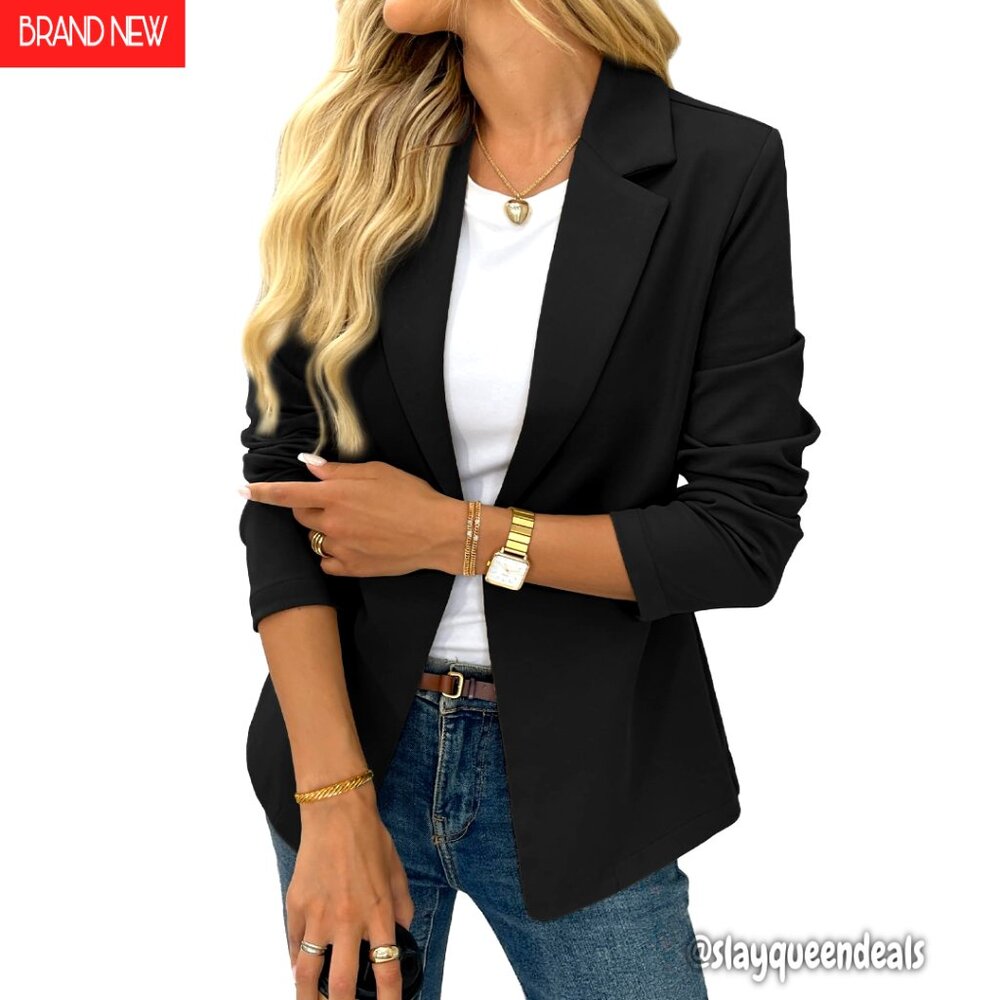 Stretchy Knit Blazer, Business Casual, Open Front, Long Sleeve, Office Wear